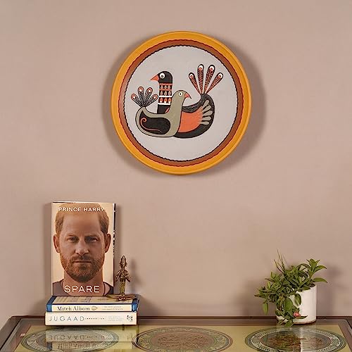 Image of Aakriti Art Creations Winged Melodies Terracotta Wall Decor Plate, Pichhwai Art Wall Hanging Plate Set of 1 Yellow Color | Glossy Finish Terracotta | Home Items for Living Room, Bedroom, Office