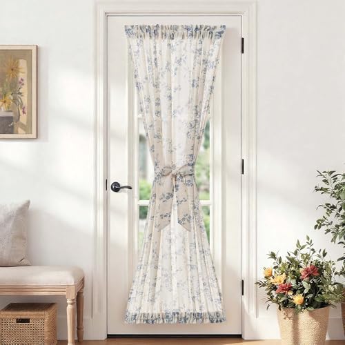 Image of jinchan Floral French Door Curtain Panel Farmhouse Decor Light Filtering Linen with Tie Up Bow for Glass Door or Patio 72 Inch Length Rod Pocket 1 Panel Blue on Linen