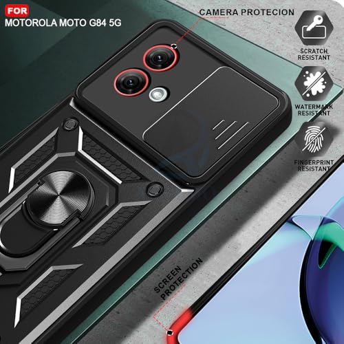 Image of AESTMO Tough Armor Motorola Moto G84 5G Bumper Back Case Cover | Ring Holder & Sliding Camera Shield Cover | 360 Degree Protection Back Case Cover for Motorola Moto G84 (Black)