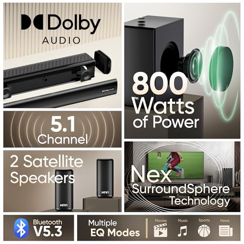 Image of Mivi Nex 800 Dolby Audio Soundbar [New Launch]| 800W Signature Sound | 5.1 Channel Surround Sound Home Theatre with Wired Subwoofer & Satellites| Nex SurroundSphere Tech| Bluetooth v5.3,