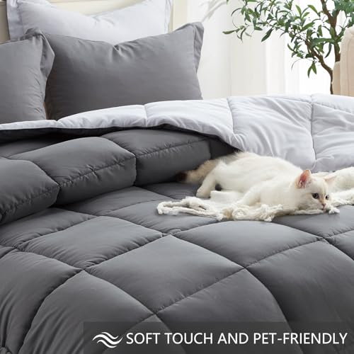 Homelike Moment Queen Comforter Set Grey, Comforters Queen Size Set, Soft Lightweight Down Alternative Bed Comforter Full Size Reversible All Season 3 Pieces Sets Grey/Light Gray - Image 5