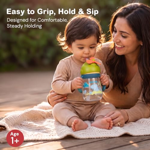 Image of Baybee Daffodil 330 ml Baby Sipper Bottle For Kids, Anti Spill Sipper Cup With Soft Silicone Straw with Handle & Rotating Fan | Sippy Cup with BPA Free & Non Toxic for Baby Toddlers 6 months+ (Yellow)