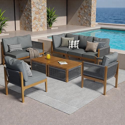 Sapgaks Salon de Jardin extérieur pour 7 à 8 Personnes,divano angolare Con Table,Coussins,Housse en Tissu déhoussable et Lavable,Ensemble de Meubles de...
