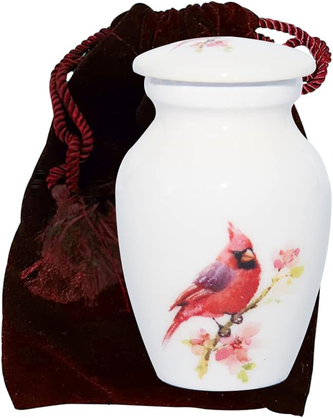 Small Cardinal Urn for Human Ashes, Keepsake Funeral Cremation Urn with Bag