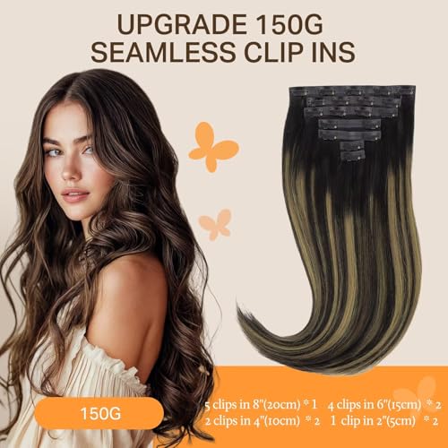 Image of DOORES Hair Extensions Real Human Hair, Natural Black to Chestnut Brown 14 Inch 130g 9pcs, Clip in Remy Human Hair Extensions Seamless Clip ins Straight Hair Invisi Edge Hair Extensions Remy Hair