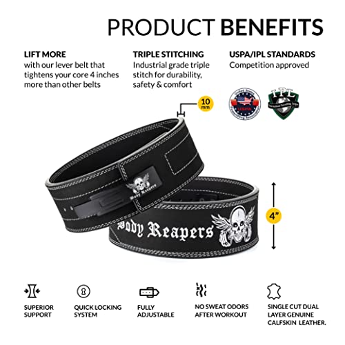Body Reapers Weight Lifting Belt For Men & Women, Heavy Duty Lever Belt Weightlifting Belt Made Of Calfskin Leather 10Mm Thick, 4 Inch Wide - Powerlifting Belt For Back Support, Gym & Fitness Training #TOP1