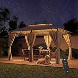 JUMMICO Garten Pavillon 3 x 4 m mit Beleuchtung, wasserdichter,Pavillon 3x3 wasserdicht stabil, geeignet für Garten und Terrasse, mit Vier Seitenwänden zum Schutz vor Sonne und Regen, Beige