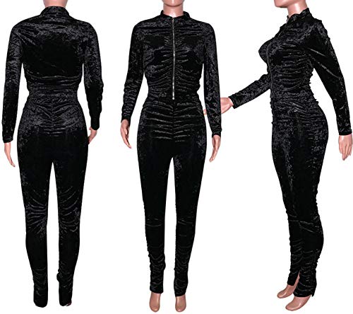 Annystore Women 2 Piece Velour Outfit Clubwear Ruched Zip Up Sweatshirt Jacket Bodycon Pants Set Jumpsuit Velvet Sweatsuit Gold Xl #TOP4