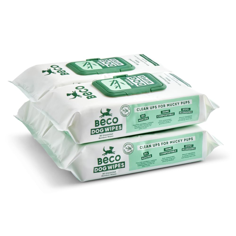 Beco Toallitas para Perros, sin plástico, 80 toallitas x 4 Paquetes, sin Perfume, para Patas, Cuerpo y Trasero, toallitas de Aseo a Base de Plantas