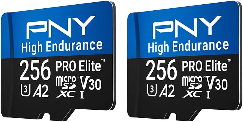 PNY 256GB PRO Elite™ High Endurance C10 U3 V30 A2 microSDXC – Up to 68.8K Continuous Recording Hours, Up to 100/90MB/s Read/Write, 4K UHD, Full HD, UHS-I, Surveillance, Home Security, Dash Cam, 2-Pack