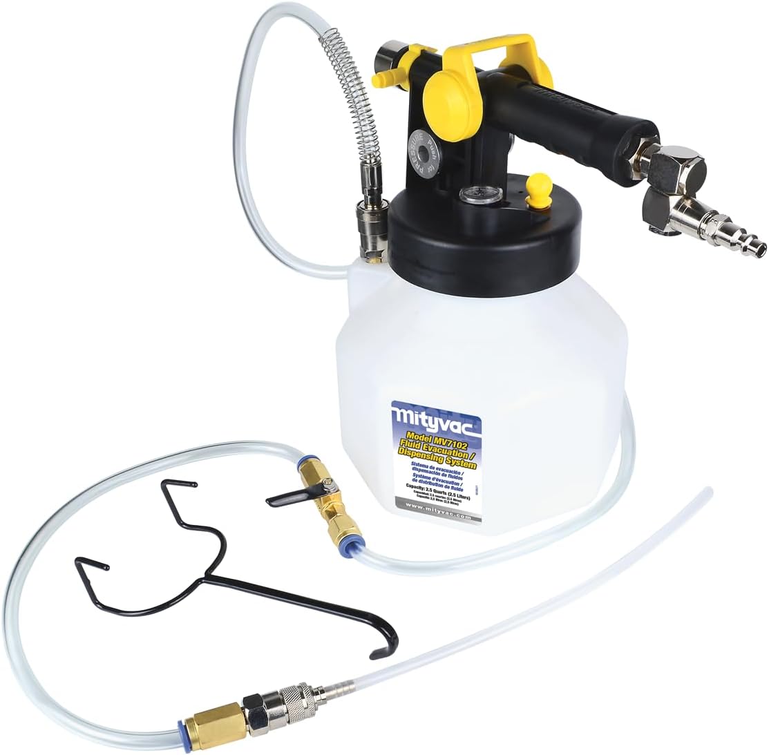 Mityvac MV7102 Fluid Extractor Dispenser for Evacuating, Topping-Off, Refilling Reservoirs or Bleeding Hydraulic Brake/Clutch Systems, 2.5 Quart, 120 PSI, Compressed Air, Vacuum or Positive Pressure