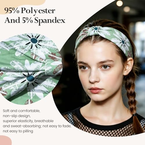 Image of HSEM Sports Headbands for Women - 6 Pack Stretchy Non-Slip Wide Hair Bands - Soft Thick Elastic Sweatbands for Workout, Washing Face, Makeup, Running, Spa & Daily Fashion 1 Green Floral 5 Mixed 2-10