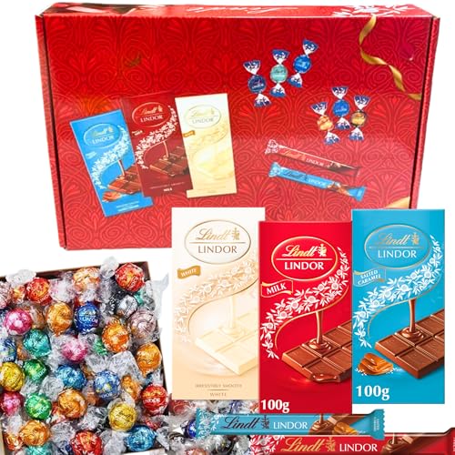 Lindor Chocolate Hamper Gift Set 31pcs Assorted Bar & Truffles Milk Chocolate, White Chocolate & More for Christmas Gifts, Birthday, Valentine Mothers Day or Fathers Day (Red Box)