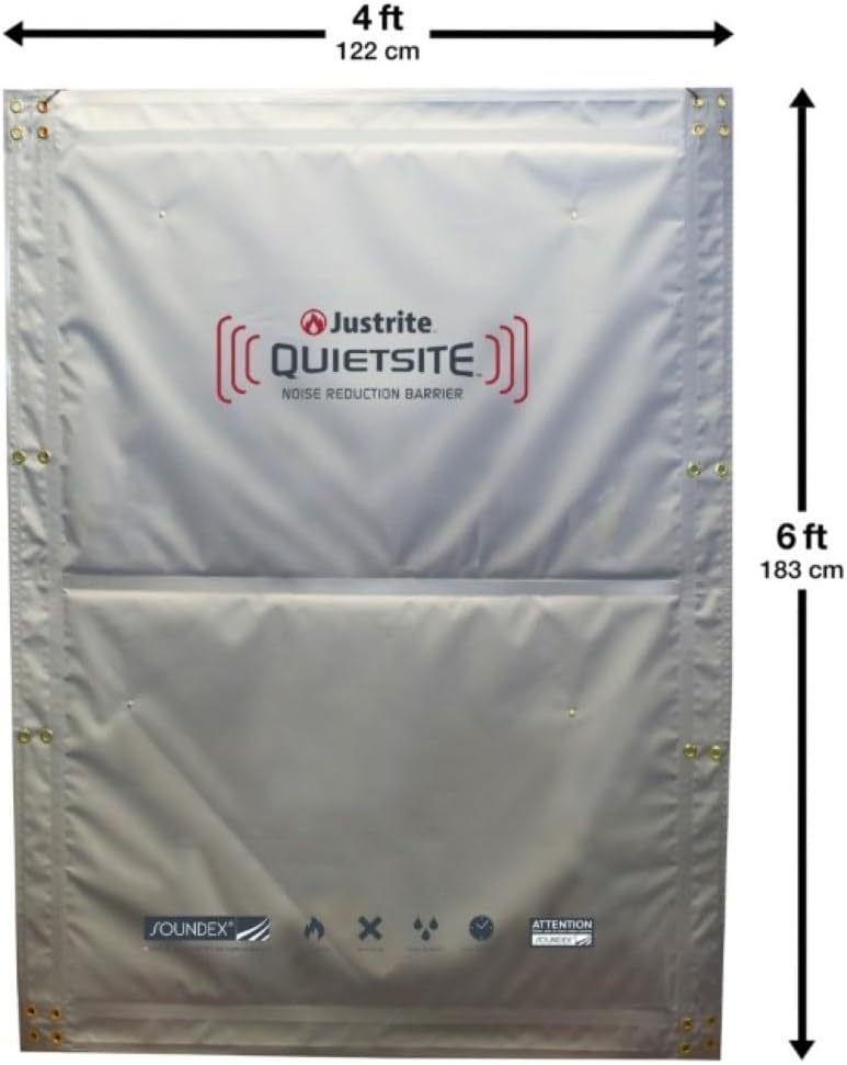 Justrite QuietSite™ 4' x 6' Indoor / Outdoor Sound Barrier Panel, Industrial Sound Dampening Blanket with Grommets, Weather Resistant Gray PVC Coated Polyester, 26460