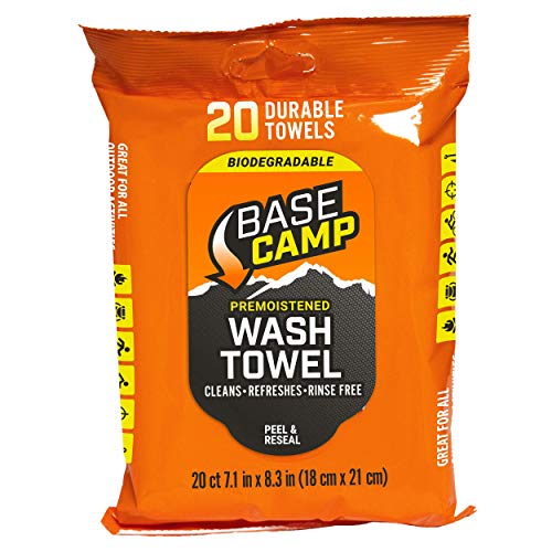Dead Down Wind Base Camp Biodegradable Pre Moistened Wash Towel | 20 Durable Towels | All-Purpose Cleaning Wipes, Hunting Accessories | Odor Eliminating Wash Towels, Body Wipes for Hunting & Camping