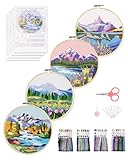 Santune 4 Pack Embroidery Kit for Beginners with Instructions,Cross Stitch Kits for Adults with Snowy Mountain Pattern,Needlepoint Kits Include 2 Hoops,Color Threads and Needles