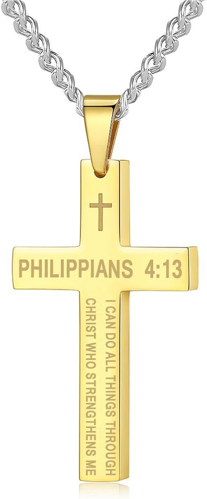 Amison Bible Verse Philippians 4:13 Cross Pendant Necklace Stainless Steel for Men Women Kids, 22-24 inches Classic Chain, 3 Colors Available