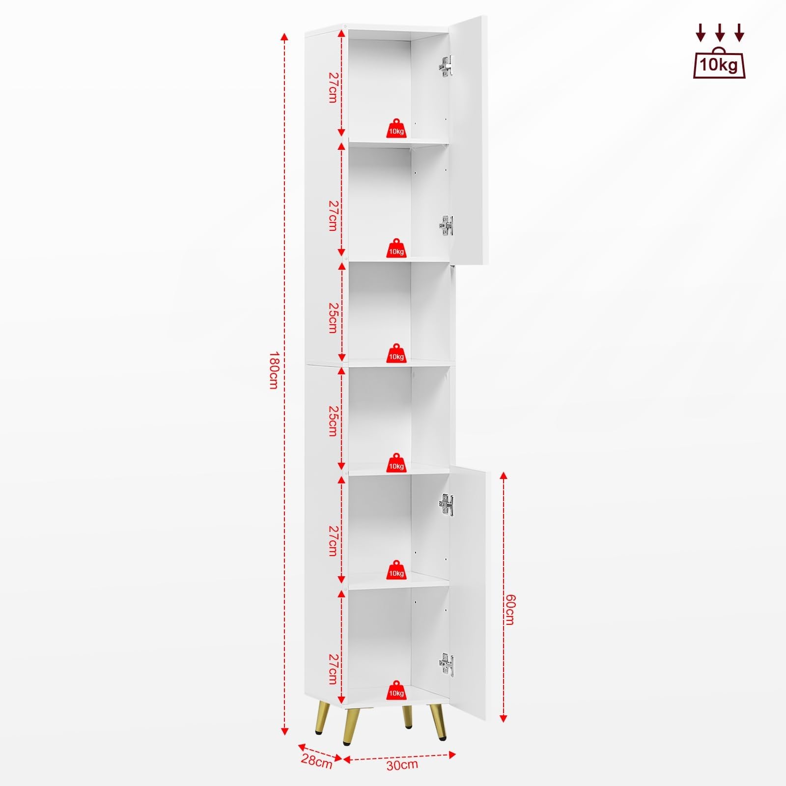 eSituro Mobile da Bagno Alto, Mobile da Bagno con Scomparti Aperti con 2 Ante, Ripiano Regolabile, Gambe in Metallo Dorato, Bianco, 30x28x180 cm