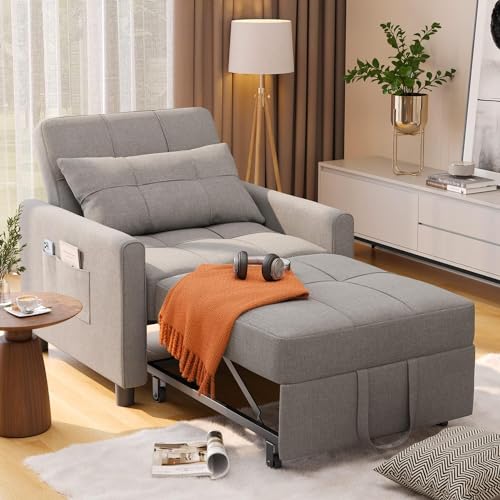 Noelse Sleeper Sofa Chair Bed, Convertible Sofa Chair 3-in-1, Adjustable Sleeper Chair Pullout Sofa Bed with Modern Linen Fabric for Living Room Apartment Small Space, Grey
