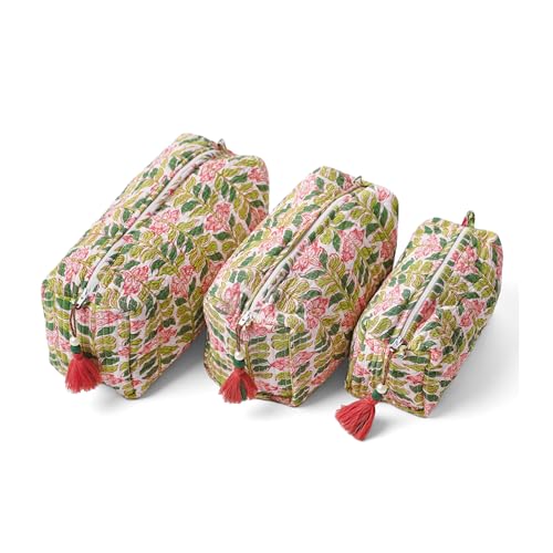 Quilted Floral Makeup Bag Set – Madagascar Prewinkle Vanilla Pattern 3 Sizes, Waterproof Lining, Make Up Travel Cosmetic & Toiletry Bags For Traveling Women