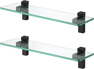 KES 2-Pack 16" Tempered Glass Bathroom Shelves, Matte Black Floating Wall Mount - Rustproof, 8mm Thick, 11lb Capacity