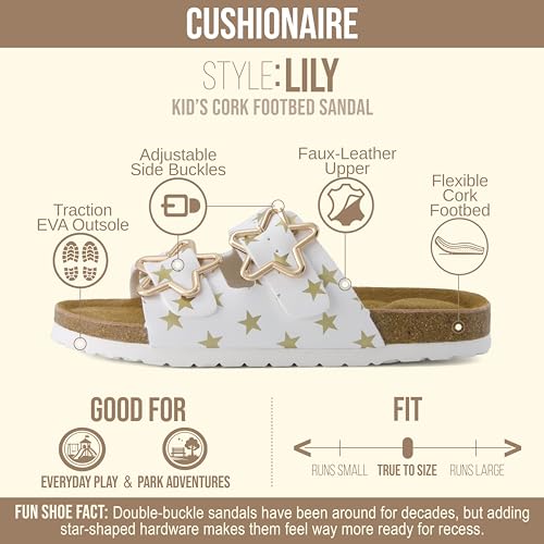 Image of CUSHIONAIRE Lily Girl Toddler Sandals with Adjustable Gold Tone Star Buckles and Cushioned Cork Footbed Slip On Girls Slides for Kids