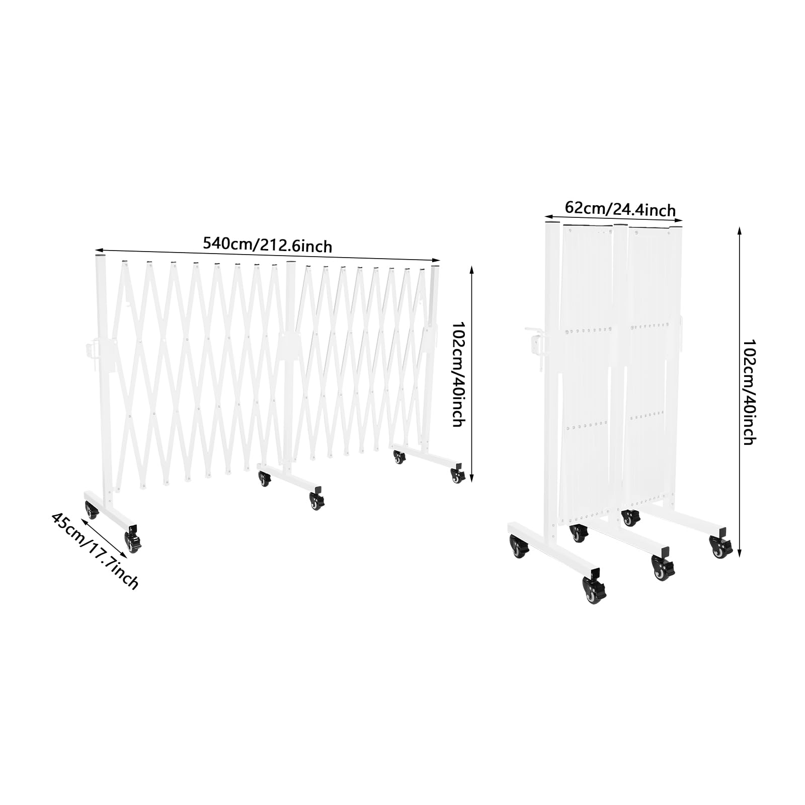 INPAITOO Mobile Safety Barrier Gate Expandable Barricade Gate Folding Security Gate, Metal Barricade with Wheels, Flexible Expanding Security Gate Garage Mobile Fence Gate, 212.6 x 17.7 x 4in White