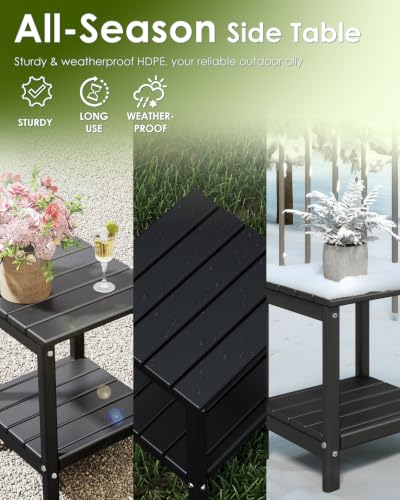 Image of GREENVINES Adirondack Outdoor Side Table, 14'' x 13'' HDPE Plastic All Weather End Tables with Storage Shelf for Poolside Indoor Outside Front Porch Living Room Patio Backyard Campfire, Black