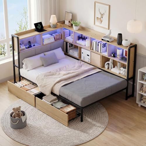 Henjda Cama tapizada para sofá cama de 90 x 200 cm, con iluminación LED y estación de carga, cama juvenil con 2 cajones y somier de láminas de metal, cabecero con espacio de almacenamiento, natural
