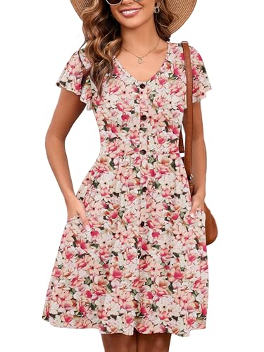 Image of Heymoments Women's Ruffle Sleeve V Neck Swing Sundress Summer Casual A-Line Midi Dress with Pockets S-2XL