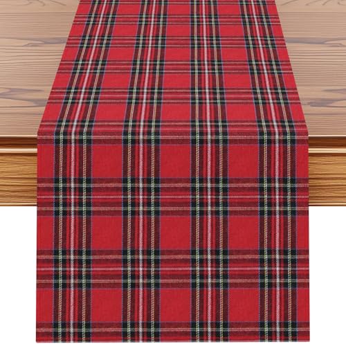 OTOSTAR Christmas Scottish Plaid Table Runner 13x90 Inch, Winter Holiday Farmhouse Kitchen Dining Check Tartan Table Decoration for Indoor Outdoor Home Party, Red