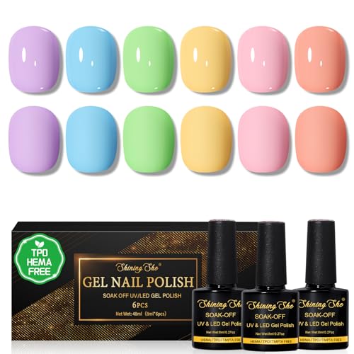 Shining She Gel Nail Polish Pastel TPO-Free HEMA-Free 6 Colors Macaron Purple Sky Blue Light Green Cream Yellow Light Pink Apricot Soak-Off UV Nail Polish Spring Summer for Manicure DIY at Home 8ML