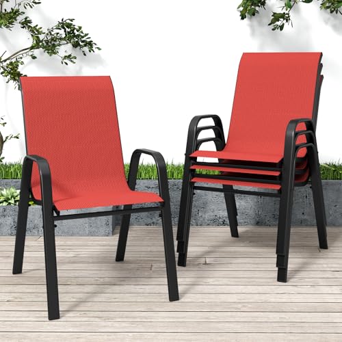 Image of Patio Chairs Set of 4, Stackable Outdoor Dining Chairs for All Weather Textilene Fabric & Metal Frame, Outdoor Chairs Set for Backyard Deck Garden