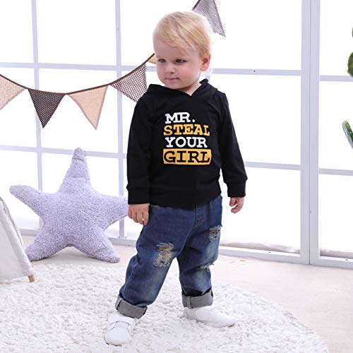 Toddler Baby Boy Clothes, Long Sleeve Letter Hoodies Top+Ripped Denim Pants 2Pcs Fall Winter Outfit Sets Black #TOP1