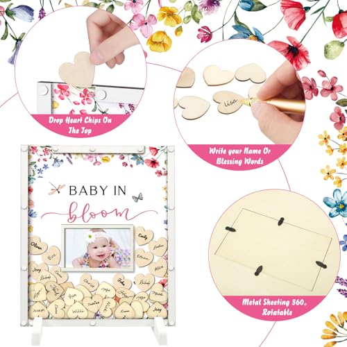 Image of Beeveer 65 Pcs Wildflower Baby Shower Guest Book Alternatives Baby in Bloom Shower Decorations Sign in Guest Book with Picture Frame and 60 Wooden Chip