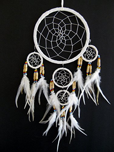 Dream Catcher Traditional Suede White Color with Feathers & Beads, 7" Diameter & 25" Long - OMA® Brand