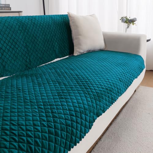 Image of HOKIPO Quilted Sofa Cover 3 Seater for Seat & Back, Washable Kids & Pet Friendly Sofa Cover, 'Quilt Classic' Teal (IN-927-TEAL*2)