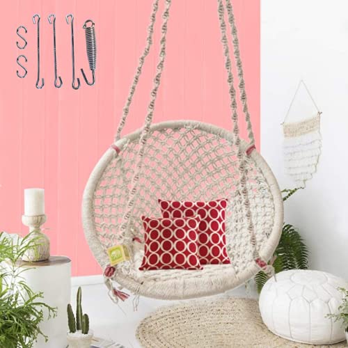 Curio Centre Make in India Round Cotton Home Swing & Hammock Chair with Complete Hanging Accessories Kit/Swing Chair Balcony/Swing Chair for Indoor for Outdoor(145Lx57Bx43H cm, White,100 kgs Capacity)