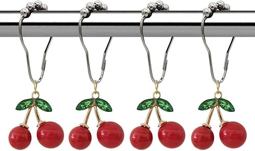 Juego de 12 ganchos decorativos de cortina de ducha de cerezo para barra de ducha de baño, de metal a prueba de óxido, con resina de cerezo rojo,