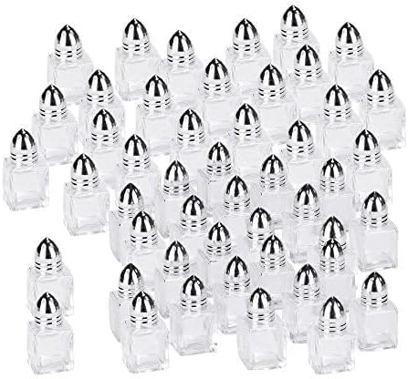 TrueCraftware- 1/2 oz Mini Salt Shakers Glass Body with Stainless Steel Cap Set of 48- Mini Square Glass Cube Salt and Pepper Shakers Stainless Steel Individual Shakers for Restaurants Weddings
