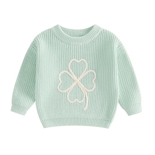 Socutebabe Baby St. Patricks Day Outfit Toddler Shamrock Embroidery Knit Sweater Pullover Sweatshirt Winter Spring Clothes (Green, 9-12 Months)