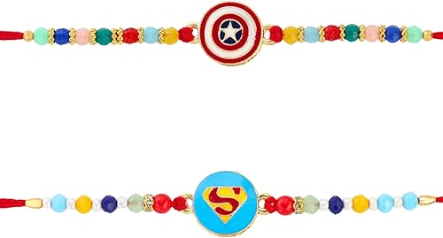 Set of 2 SuperHero's Rakhi for Brother with Raksha Bandhan Greeting Card Roli Chawal Tika - Raksha Bandhan Rakhi for Small Brothers Rakhi for