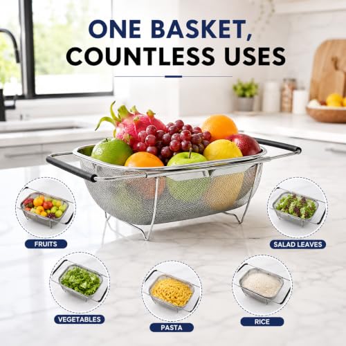 Image of KRESHU Strainer Stainless Steel | Premium Micro-Perforated Colander Stainless Steel with Extendable Handles, Rust-Resistant Fast Draining Basket for Pasta, Rice, Vegetables, Fruits & Washing Produce