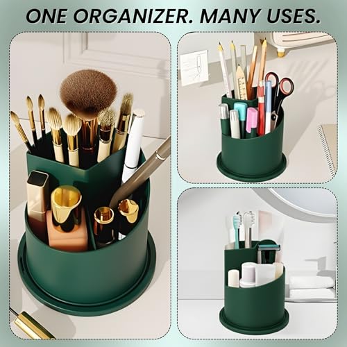 Image of OCEANEVO Cosmetic Makeup Brush Holder with Makeup Sponge, Dustproof Makeup Brush Organiser Stand with 360 Rotatable Lid - 12.5 x 27 Cm - Green - 1 Year Warranty