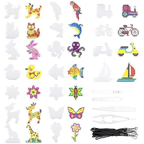Homgaty 18 Pcs 5mm Fuse Beads Pegboards, Clear Animal Shape Plastic Beads Template Boards with 18 Pcs Colorful Cards for Kids Craft Beads ( with 4 Tweezer Tools and 18 Hanging Rope) Cover