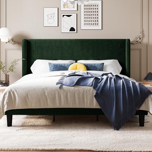 Image of Allewie King Size Platform Bed with Corduroy Wingback Headboard, Green | 1000 lb Capacity, Corduroy Wingback Headboard, Vertical Channel Design, Wood Slat Support, No Box Spring Needed /Easy Assembly