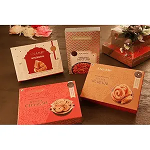 ANAND Celebration Royal Assorted Festive Gift Hamper of Pure Ghee Sweets & Namkeens | Mysore Pak 500g, Navratan Mixture 200g, Mullu Murukku 200g, Ribbon Chakli 200g (1100 gm) (Gift Hamper)