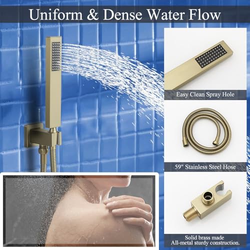 Set de Grifo de Ducha sistema con acabado dorado cepillado, con manija de desvío y rociador de mano de alta presión, instalación en pared con cabezal de ducha de 10 pulgadas y cabezal adicional de 6 pulgadas miniatura 6