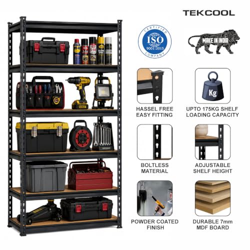 Image of TEKCOOL 5-Shelf Adjustable Boltless Metal Shelving Unit /60 x 24 x 12 Inch Metal Storage Rack with Wooden Planks /Standing Shelf Unit for Home /Garage /Office & Shop /Utility Display Rack (Black);