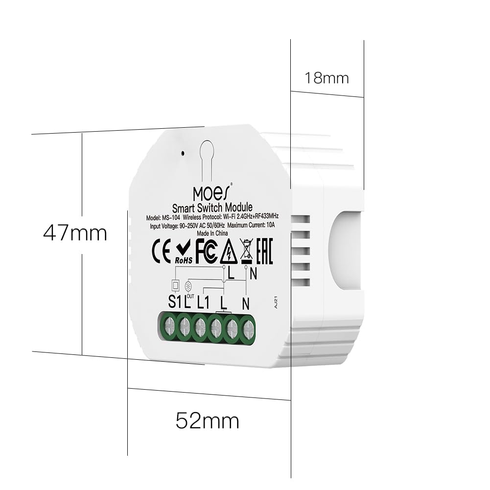 MOES interrupteur sans fil WiFi RF433 Intelligent Alexa, Commutateur Relais Connecté Smart Life Tuya App Contrôle à Distance, Compatible avec Google Home Alexa, 1 Gang, Ne prend en charge que 2,4 Ghz
